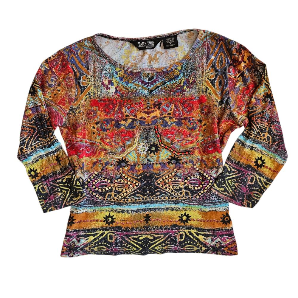 Y2k Graphic 3/4 Sleeve Top Vintage 90's Multicolor Take Two - Size Small